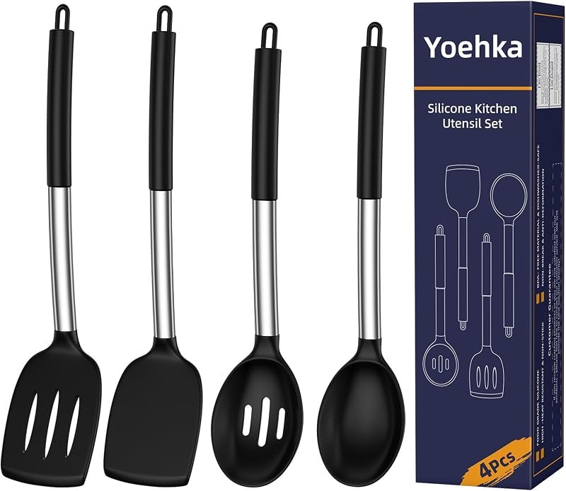 Silicone Cooking Utensils Set, 4Pcs Spatula and Spoon Set, Black | For Non-stick Cookware, Heat Resistant 446°F (232°C), Stainless Steel Handle, Food Grade