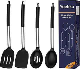 Yoehka Juego de utensilios de cocina de silicona para utensilios de cocina antiadherentes, 4 espátulas de silicona resistentes al calor y cuchara con mango de acero inoxidable, mezcla, volteo