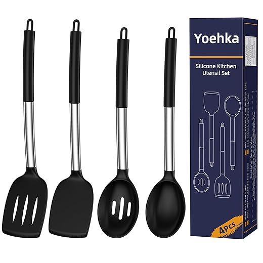 Yoehka Silicone Cooking Utensils Set for Nonstick Cookware, 4Pcs Heat Resistant Kitchen Silicone Spatula and Spoon Set with Stainless Steel Handle, Mixing, Flipping, Turning, Stirring, Black