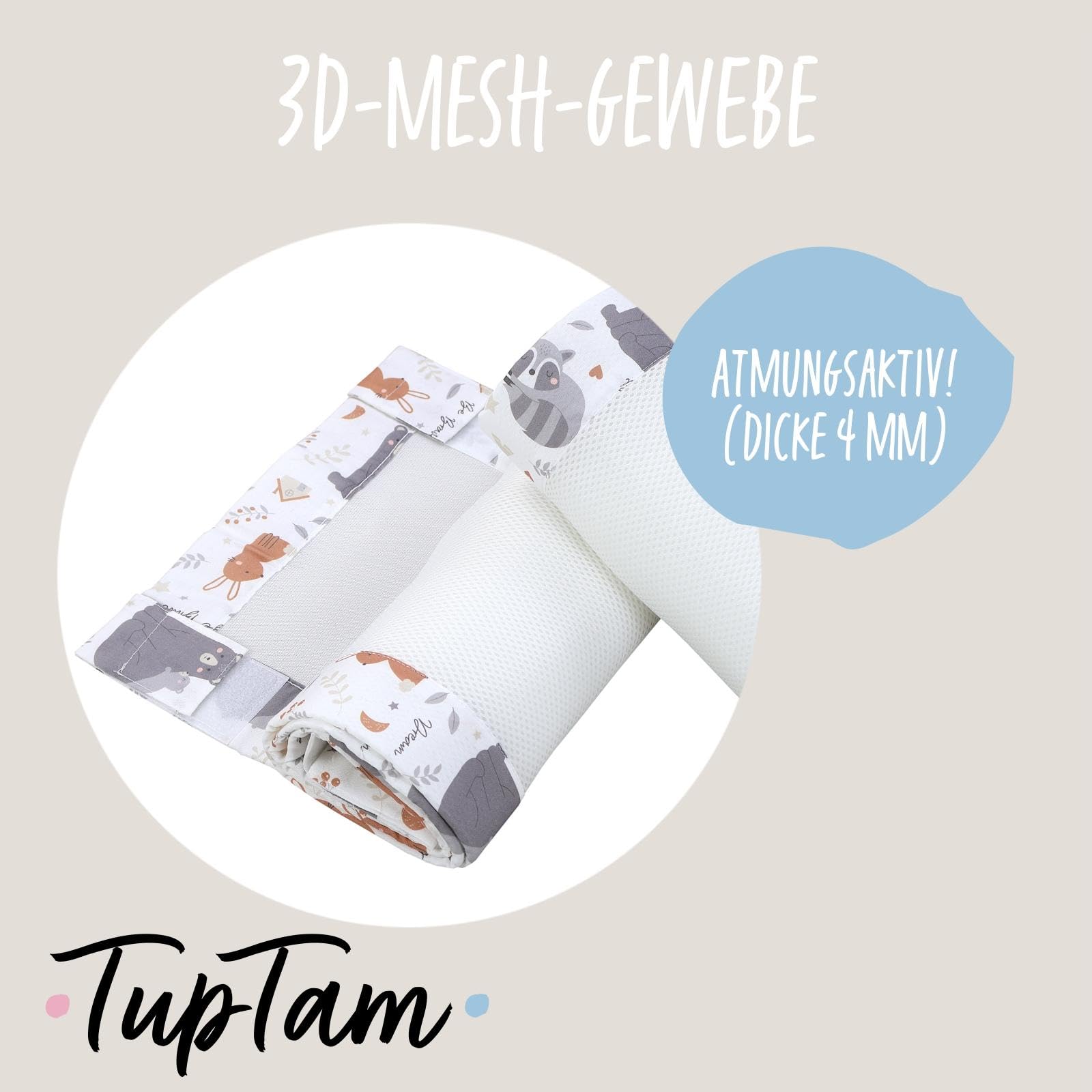 TupTam Bettumrandung Babybett 3D Mesh Nestchen – Gitterstäbe Schutz Netz 2er, Farbe: Wilde Tiere, Größe: ca. 128 x 30 cm (für Babybett 140x70)