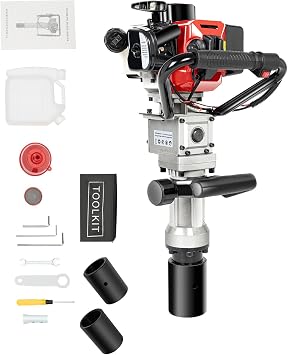 32.7CC Gas Powered Post Driver, 900W 8500RPM Two-Stroke Pile Driver with 2 Sockets, Adjustable Handle Fuel Mixing Bottle Hand Pull Start Fence Stake Driver for Farm Garden Construction