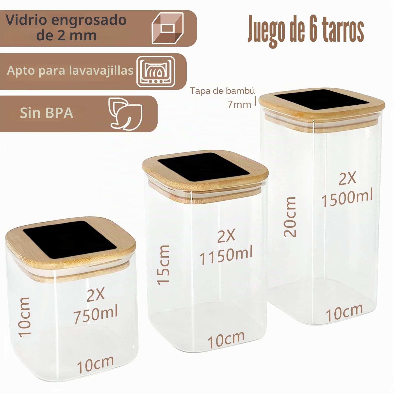 Withosent Juego de 6 tarros de cristal de 750 ml/1150 ml/1500 ml con tapa, rectangulares, grandes recipientes de cristal con tapa de madera, almacenamiento de tarros de cocina para pasta, cereales,