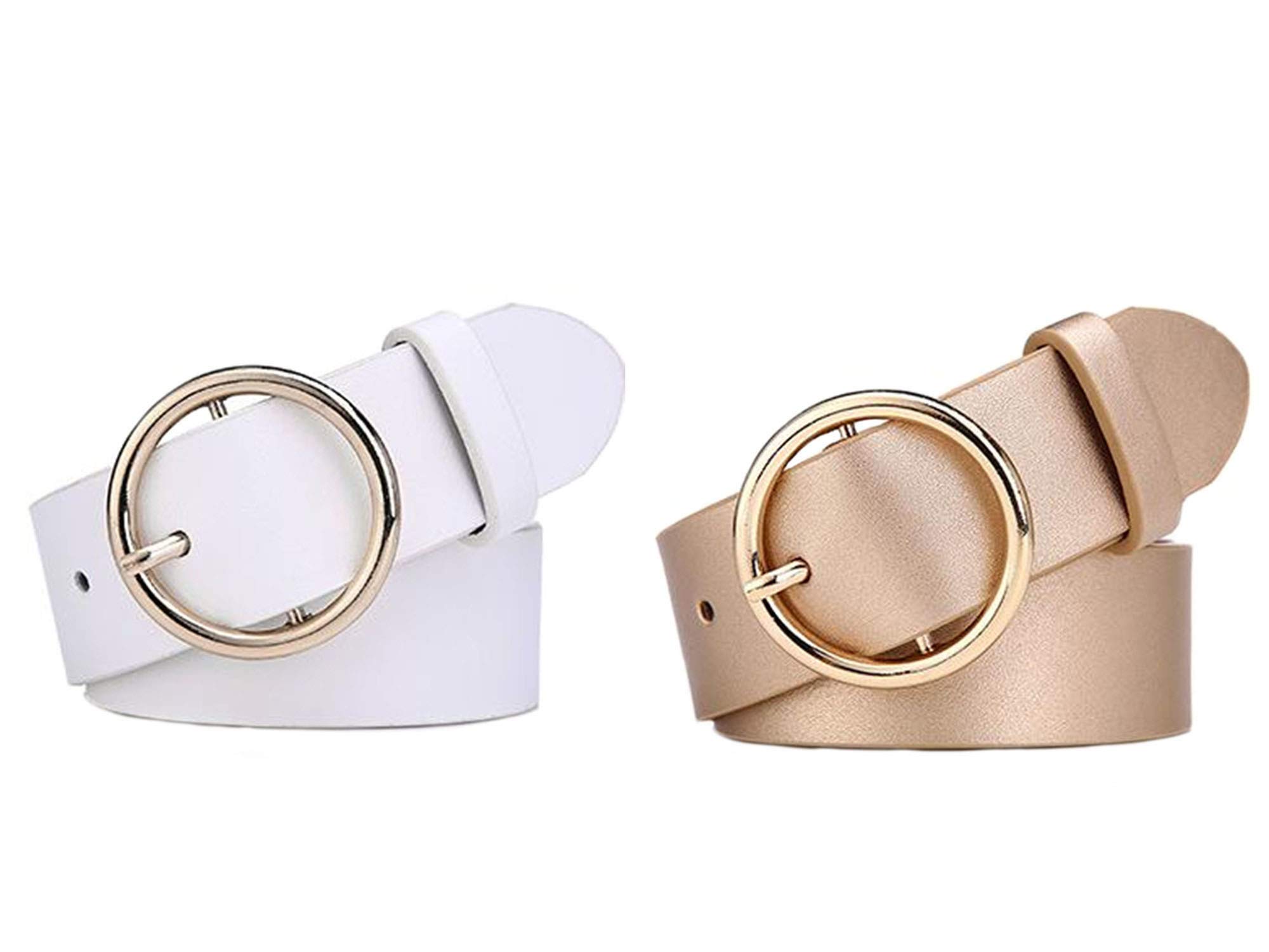 Meshikaier Women's Golden+White Fashion Pu Leather Belt Casual Waist Belt With Round Metal Buckle (Golden+White)