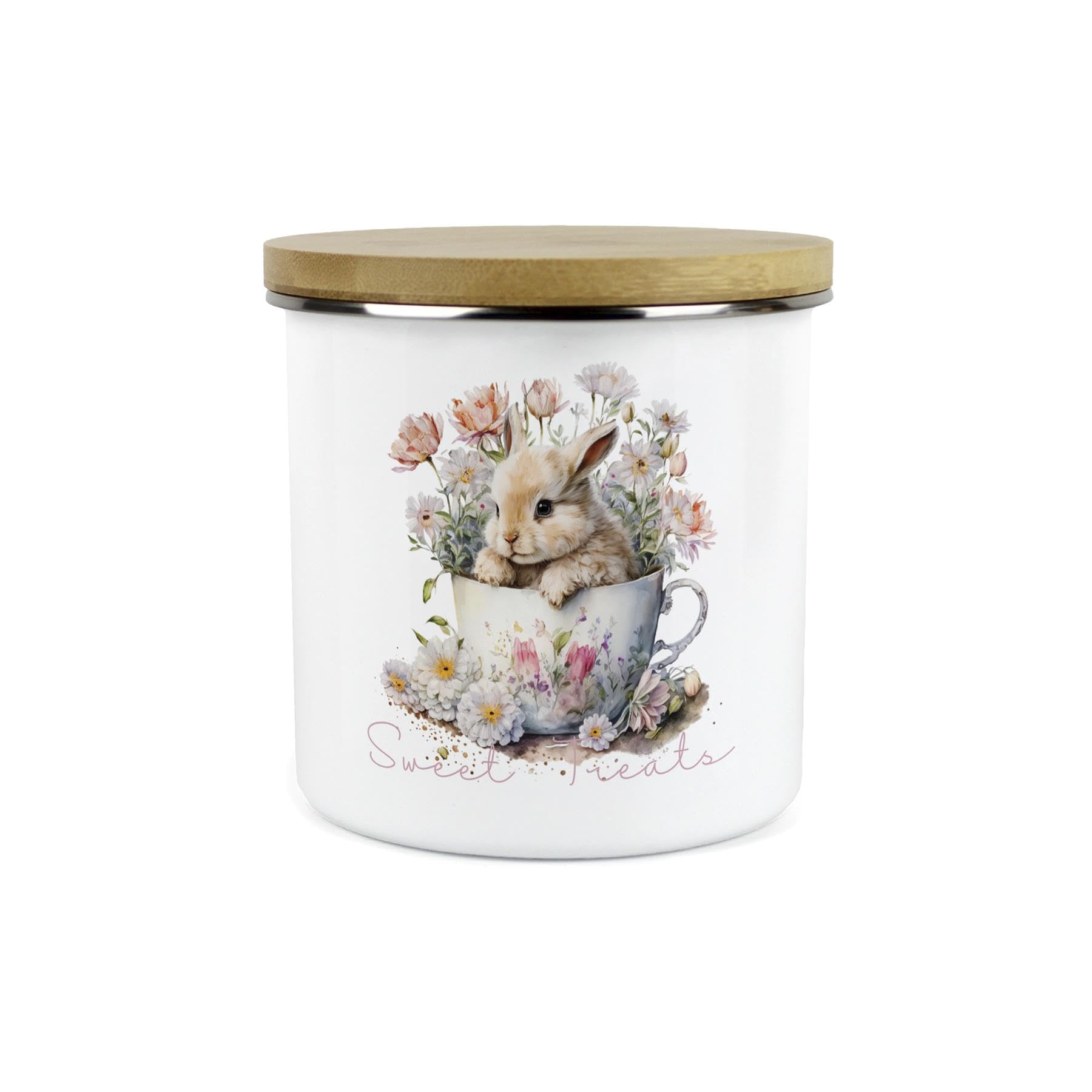 Bunny Rabbit Personalised Storage Canister - Teacup Bunny Enamel Home/Kitchen Container Tin Gift