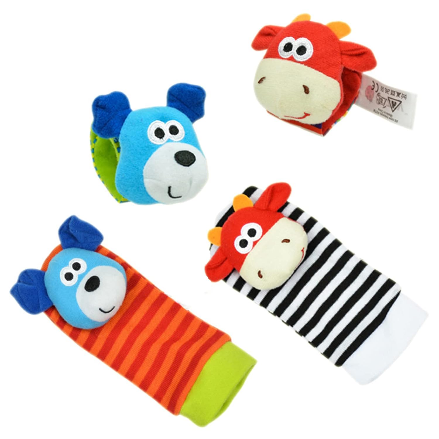asUwish 4Pcs Baby Soft Rattle，Cute Soft Baby Socks Toys，Wrist Chew Toy，Baby Socks Toys Wrist Rattle and Foot Finder for Newborn Boy or Girl (Dog and Cow) : Toys & Games