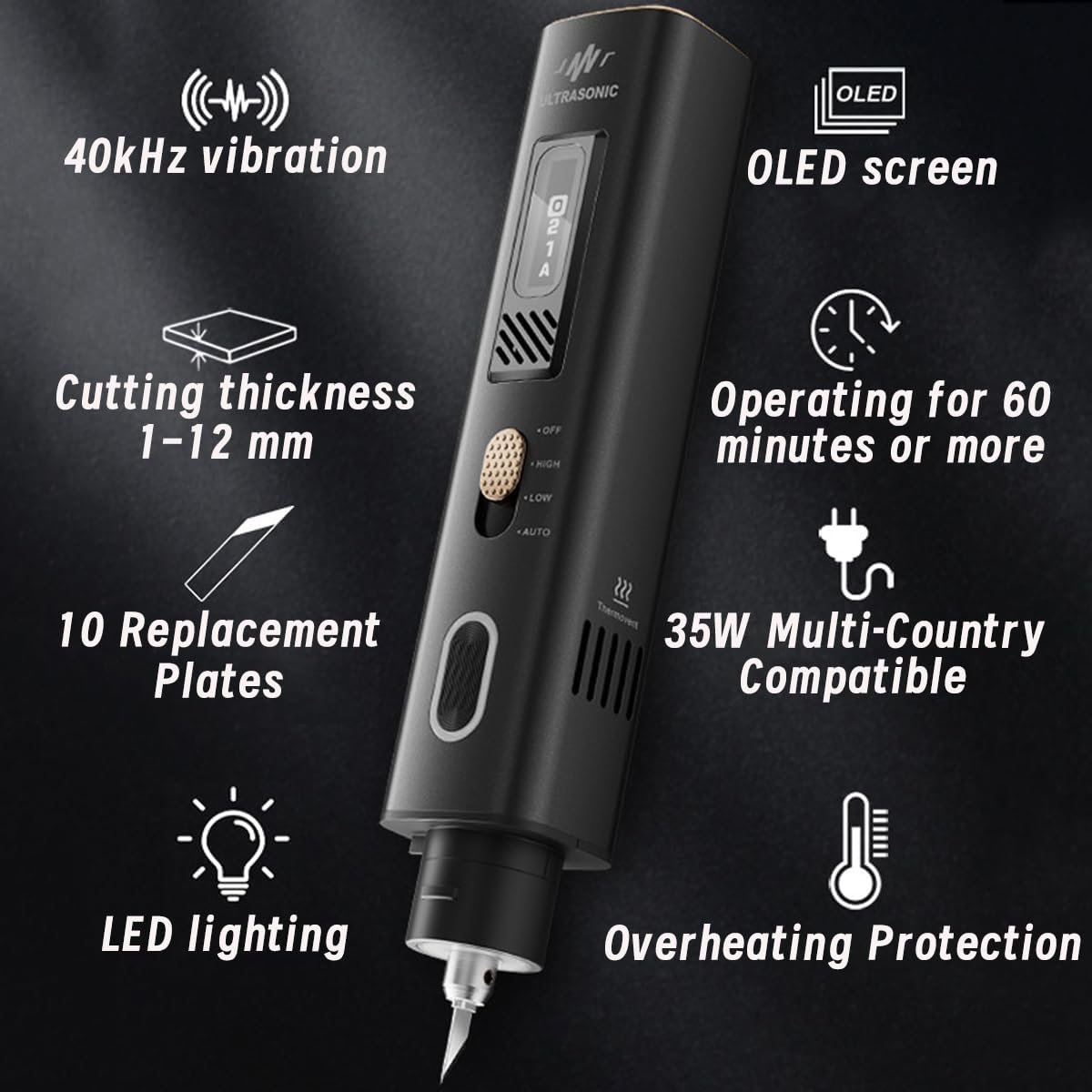 2-in-1-Ultraschallschneider, 35 W leichtes Hand-Ultraschallmesser, Ultrasonic cutter mit 50 Klingen und OLED-Display, geeignet für 3D-Druckmodelle aus Kunststoff, Harz, Polyethylen und Leder