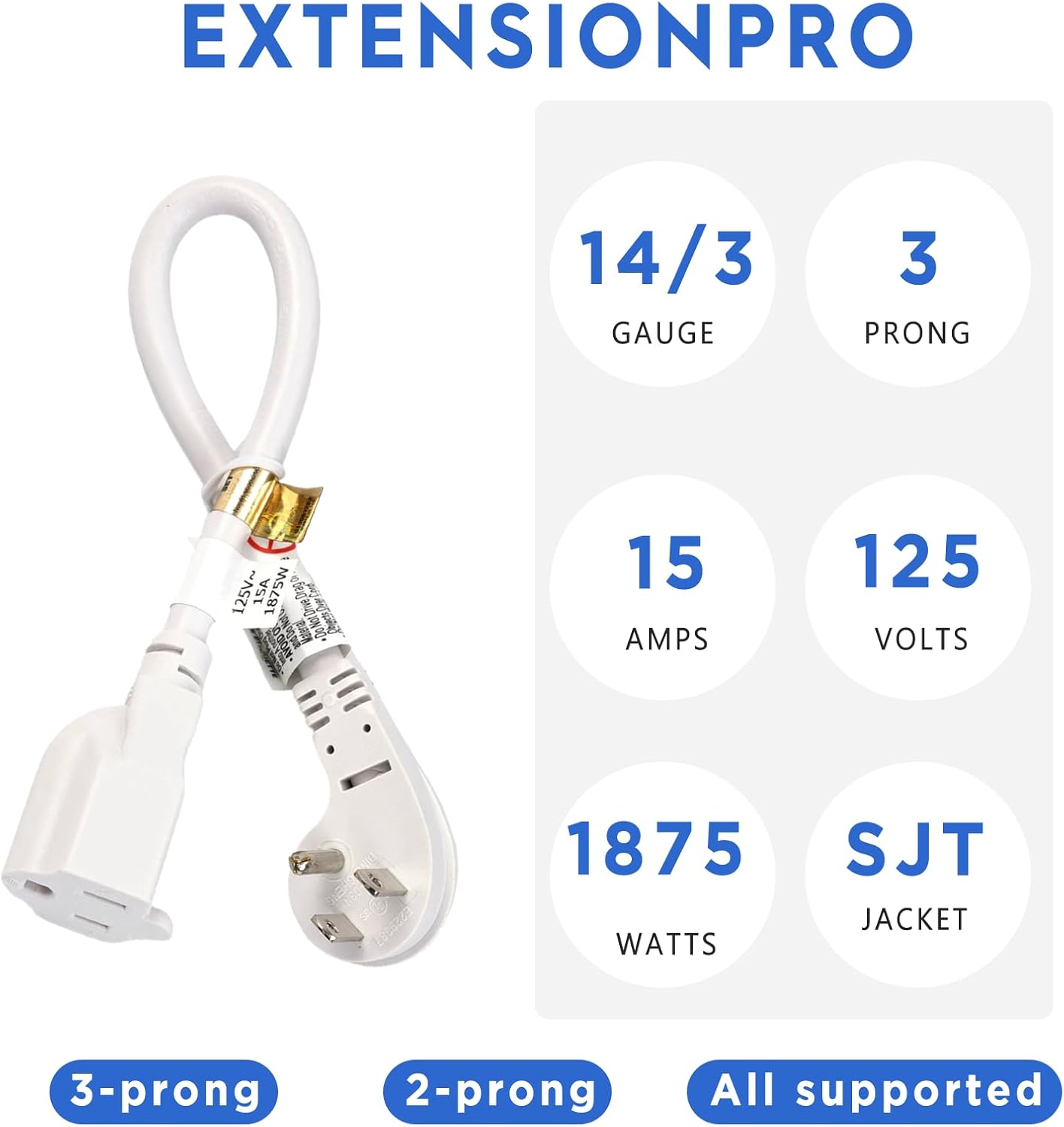 1FT Flat Plug Heavy Duty Extension Cord 3 Prong 1875W 15A 14AWG 1 Foot for Home Appliance UL Listed Black White (3, White)