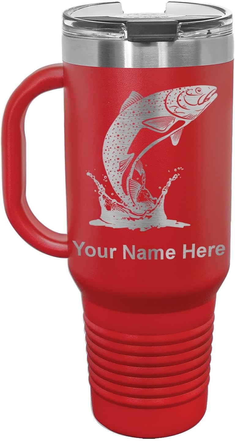 LaserGram 40oz Vacuum Insulated Travel Mug with Handle, Trout Fish, Personalized Engraving Included (Red)