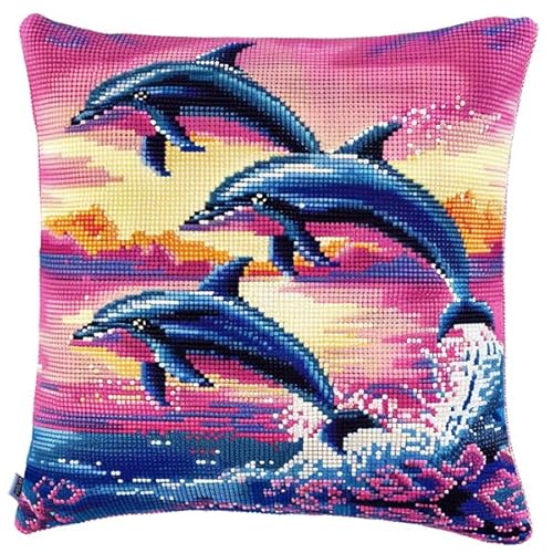 kitphoenix Knüpfkissen Set Delfin Knüpfkissen Set für Anfänger Erwachsene oder Kinder zum Selber Knüpfen, DIY Knüpfteppich Knüpfpackung, Knüpfhaken Set 43 x 43 cm