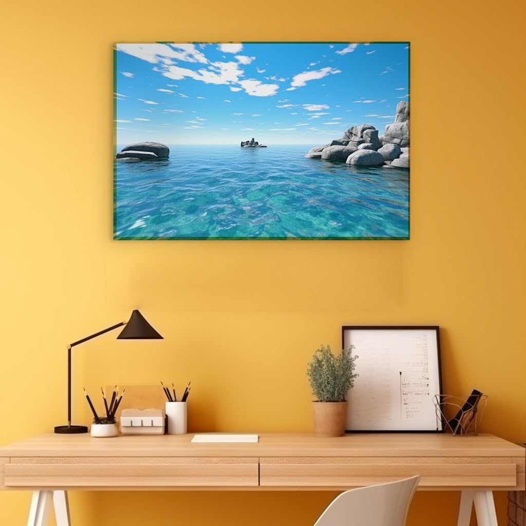 Canvas for Living room. Serene Shores and Tranquil Tones: Discover the Calm of a Vast Blue Seascape, 27 x 18 inch Canvas Wall Art - Contemporary Masterpieces - Modern Home Decor