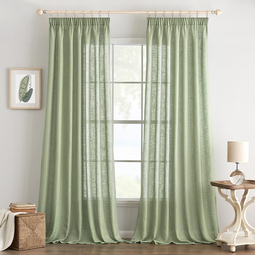 EMEMA Gordijnen, linnen, met inslagringen, voile, linnenlook, modern, semi- transparant, voor woonkamer, decoratief, kinderkamer, keukengordijnen, set van 2, 140 x 175 cm (b x h), groen