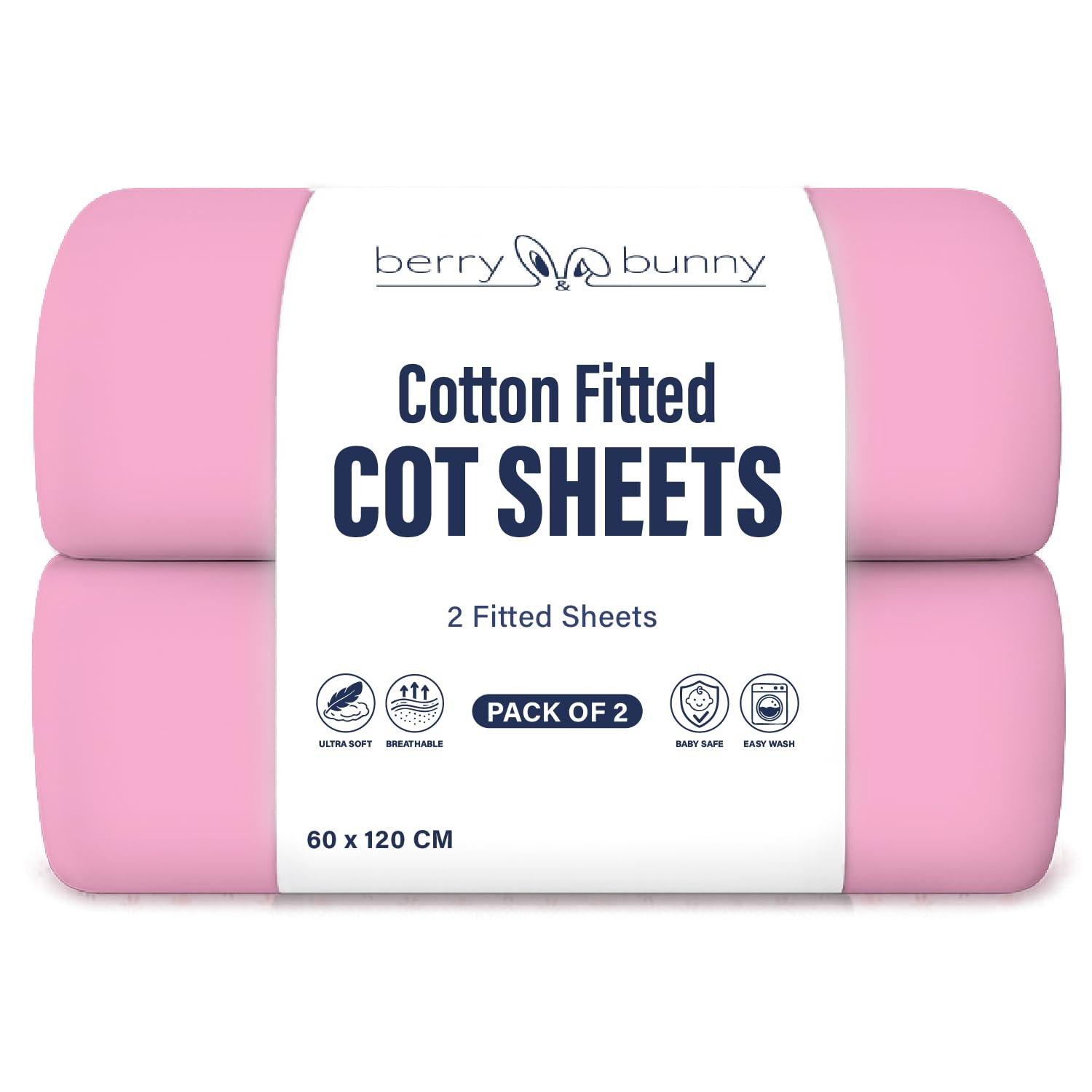 Berry and Bunny 100% Cotton Cot Bed Sheets Pack of 2, Soft Breathable Baby Cot Sheets 120x60 Fitted, Elasticated Deep Fit Mattress Protector Cover, Baby Bedding All Seasons