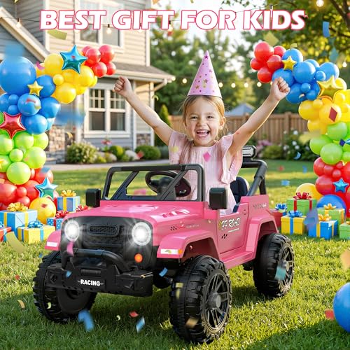 ARBELI 12V Ride On Truck Car with Remote Control, Kids Electric Vehicles with Bluetooth Music, Horn, 3 Speeds, 4 LED Lights, Soft Start, Ride on Toys for Toddler Boys & Girls, Pink