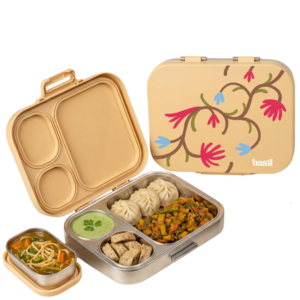 Basil Bento Box Quad Plus –3+1 Compartment Stainless Steel Lunch Box (1020ml) with BPA-Free Lid | Leak-Proof Tiffin for Kids & Adults | Premium Lunch Box for School, Office & Picnic –Himachali Guldaan