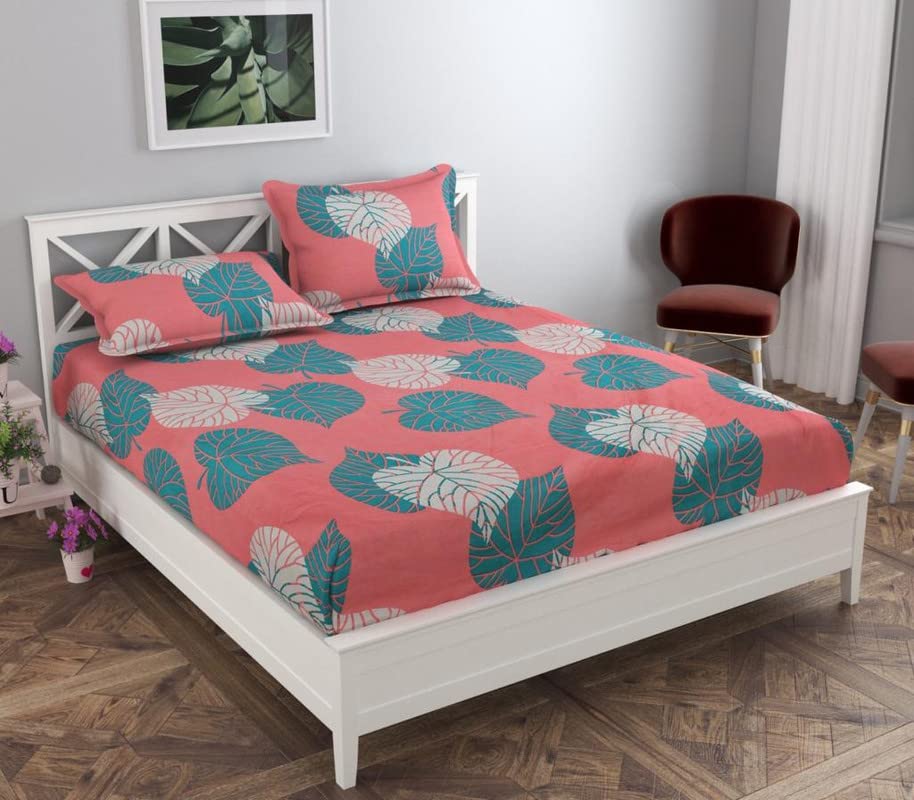 Marino Collection Double Bedsheet with 2 Pillow Covers for Double Bed| 160 TC Soft Brushed Glace Cotton -Long Lasting & Wrinkle Free - | 225x228 cm or 7.5x7.5 ft-Pink & Green