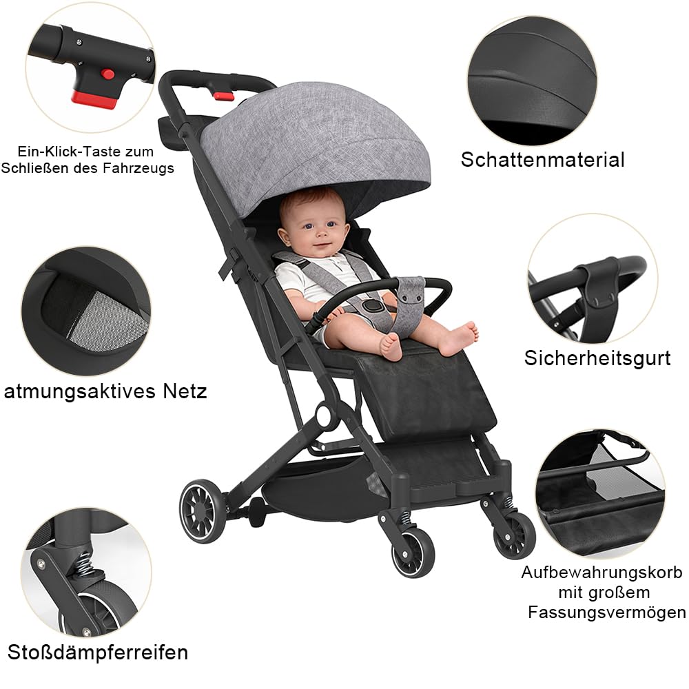Buggy, wózek dziecięcy, wózek do leżenia, wózek sportowy, składany, siedzący i leżący, 4 koła PU, 5-punktowy pasek, waga 15 kg (szary – A)