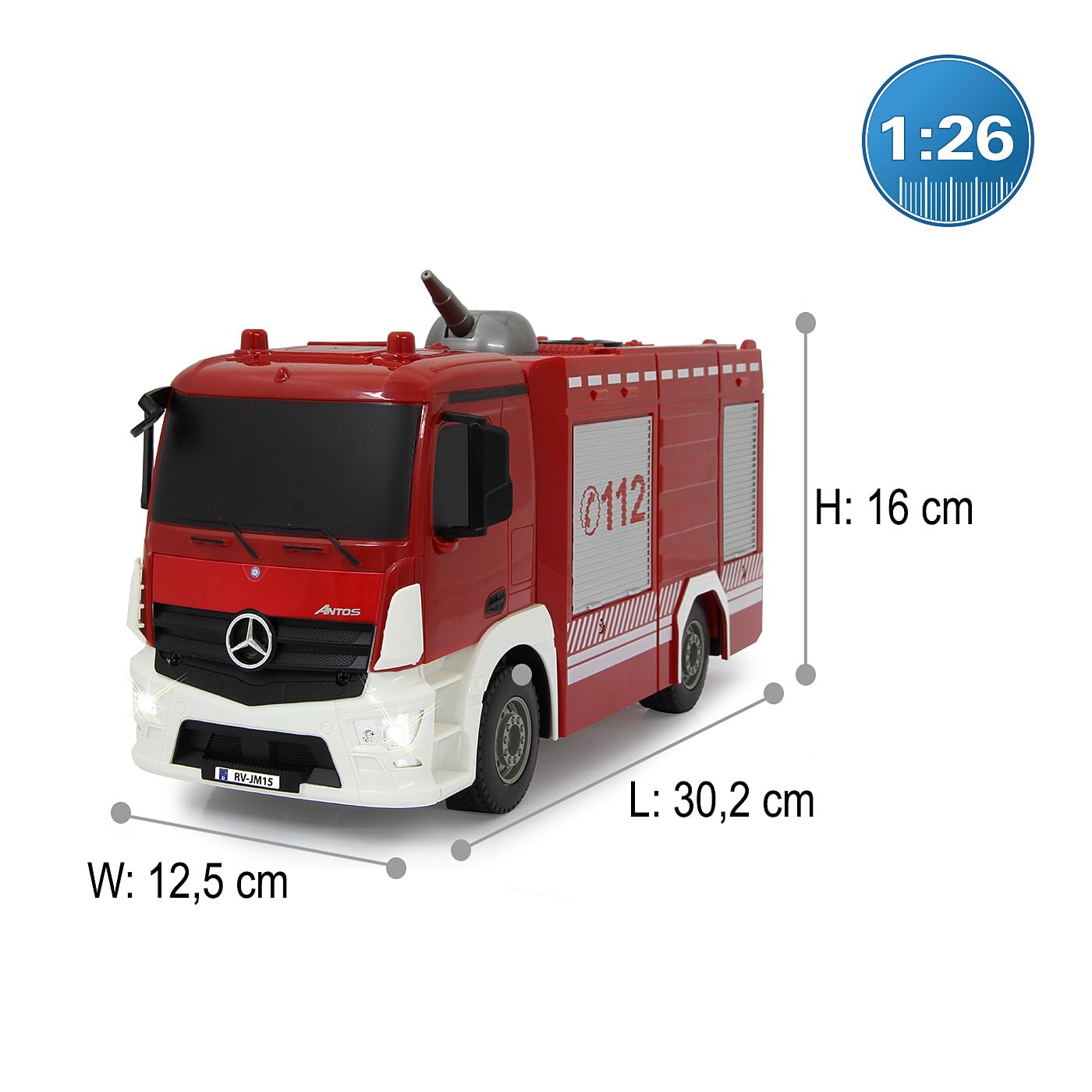 Jamara 404970 Straż pożarna TLF Mercedes-Benz Antos 1:26 2,4GHz-360° ręcznie obracana dysza natryskowa w górę/w dół, prawdziwa funkcja spryskiwania, światło z przodu, zbiornik na wodę 160 ml, czerwony