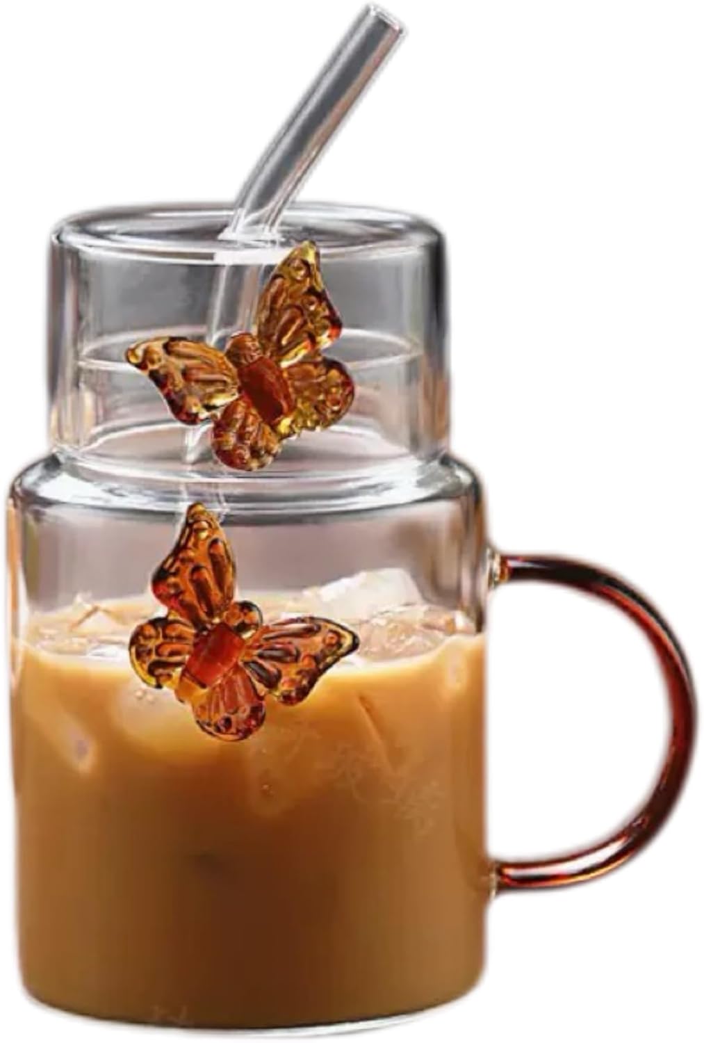 Butterfly Straw Cup Glass Cup with Lids and Straws Cute Coffee Mugs 500ml Drinking Water Bottle Reusable Party Mug for Milk Tea, and Cocktails, Dishwasher Safe (yellow)