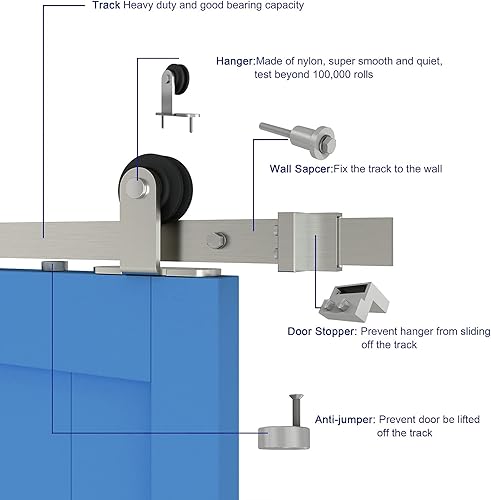 Miniatura 3 de JUBEST Kit de herrajes para puerta corrediza de granero de níquel cepillado de 6 pies, kit de riel plano de rodillo para colgar suave y