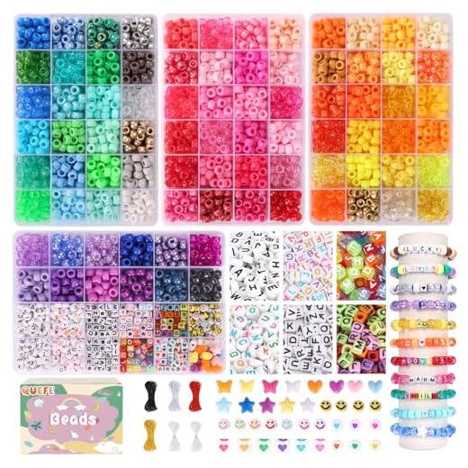 QUEFE 4900pcs Pony Beads Kit, 84 Colors Kandi Beads, 3780pcs Rainbow Hair Beads, 1080pcs Letter Beads, Heart Beads and Smiley Face Beads, for Craft Gifts Bracelets Jewelry Making with Elastic Strings
