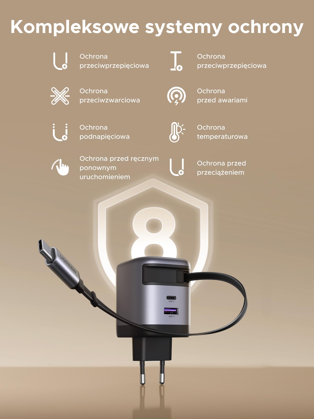 UGREEN Nexode Ładowarka USB-C 65 W, z przedłużanym kablem o długości 69 cm, 3 porty