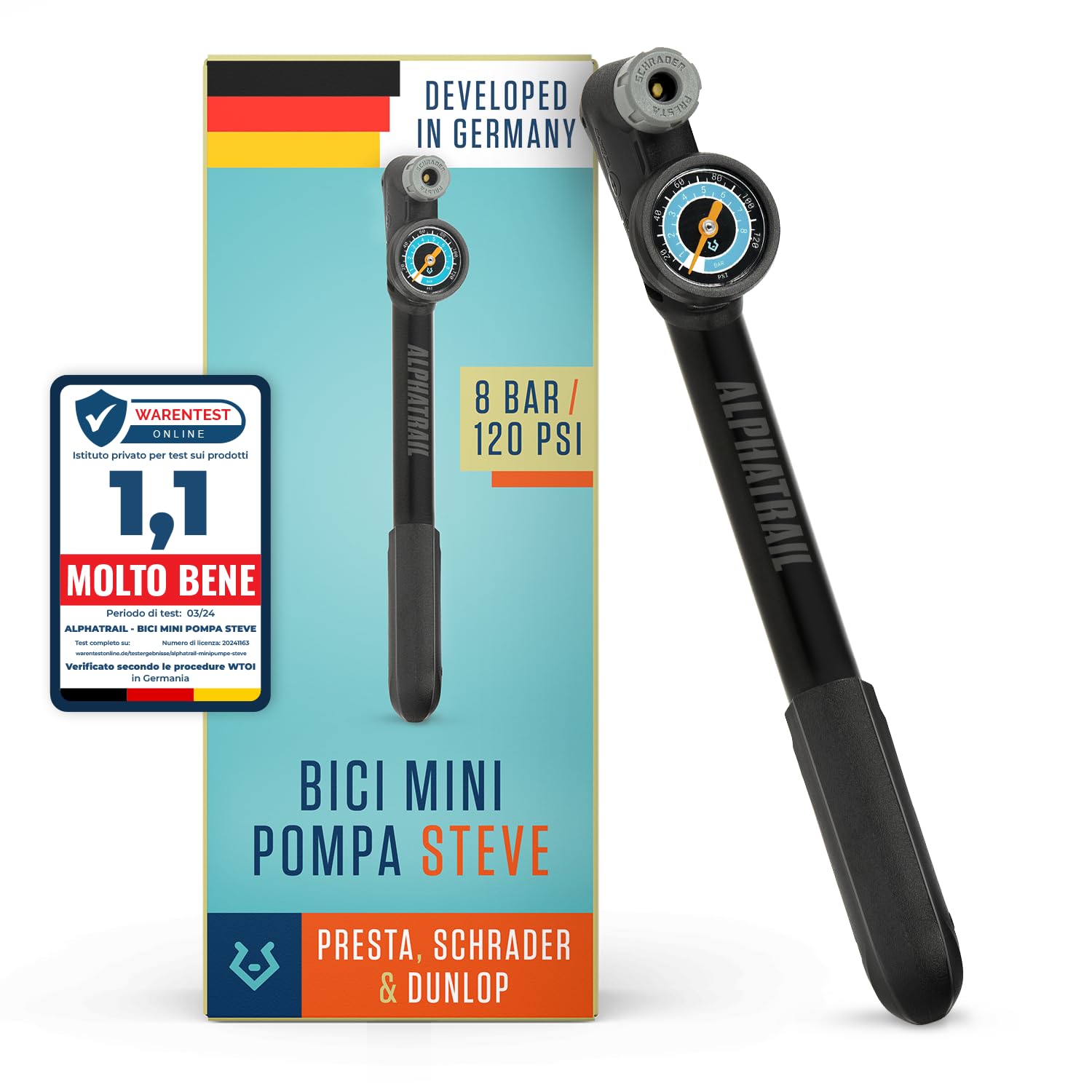 Alphatrail Minipompa Steve - Per tutte le valvole 8,3 Bar / 120 PSI pressione massima I manometro grande (Ø32mm) I t-maniglia ergonomica I pompa bicicletta per la valvola presta, schrader & dunlop