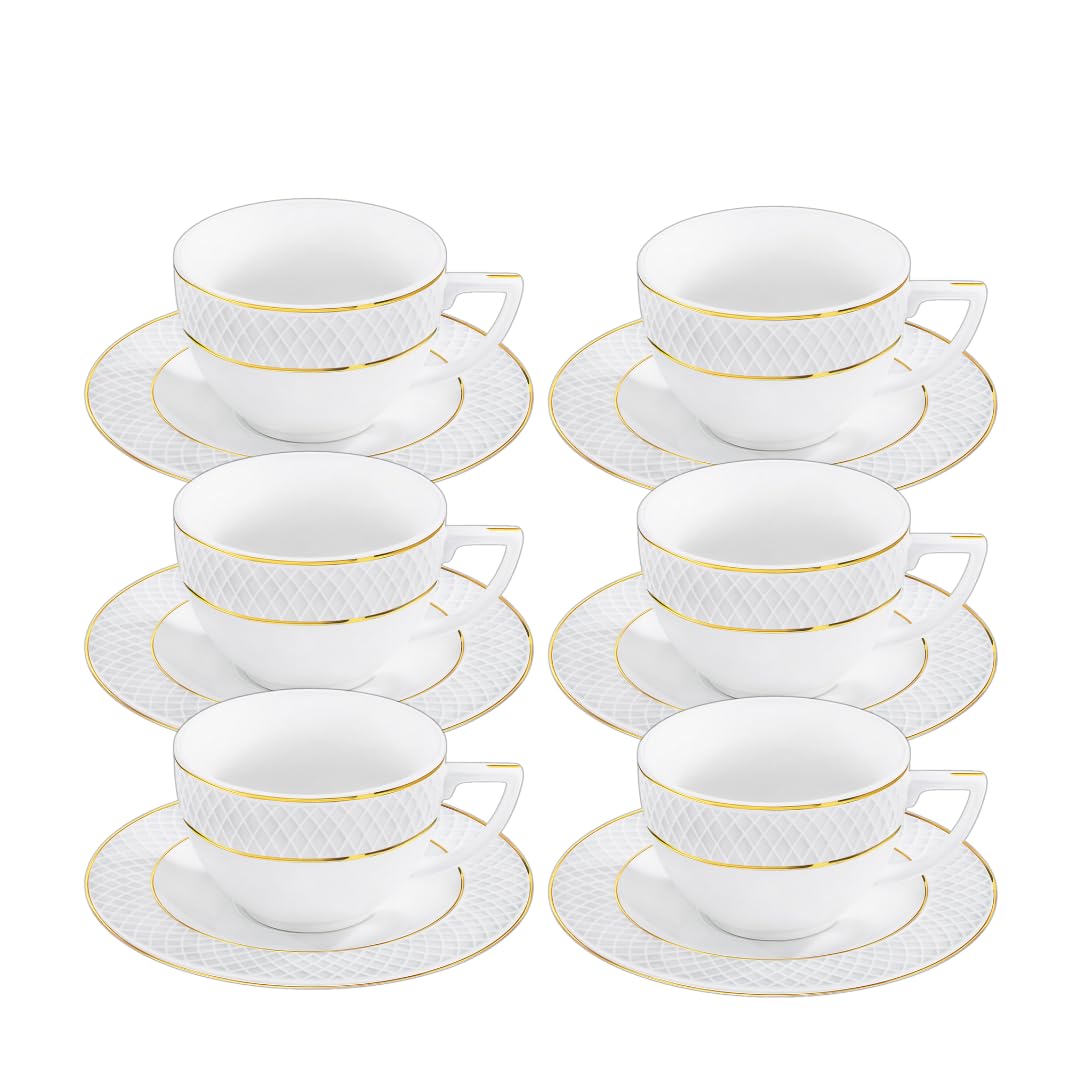 Wilmax - Tazze con piattini - motivo dorato - set da 6-90 ml - tazze da caffè in porcellana - bianco - servizio da tavola per 6 persone - set di tazze per caffè, tè, dessert