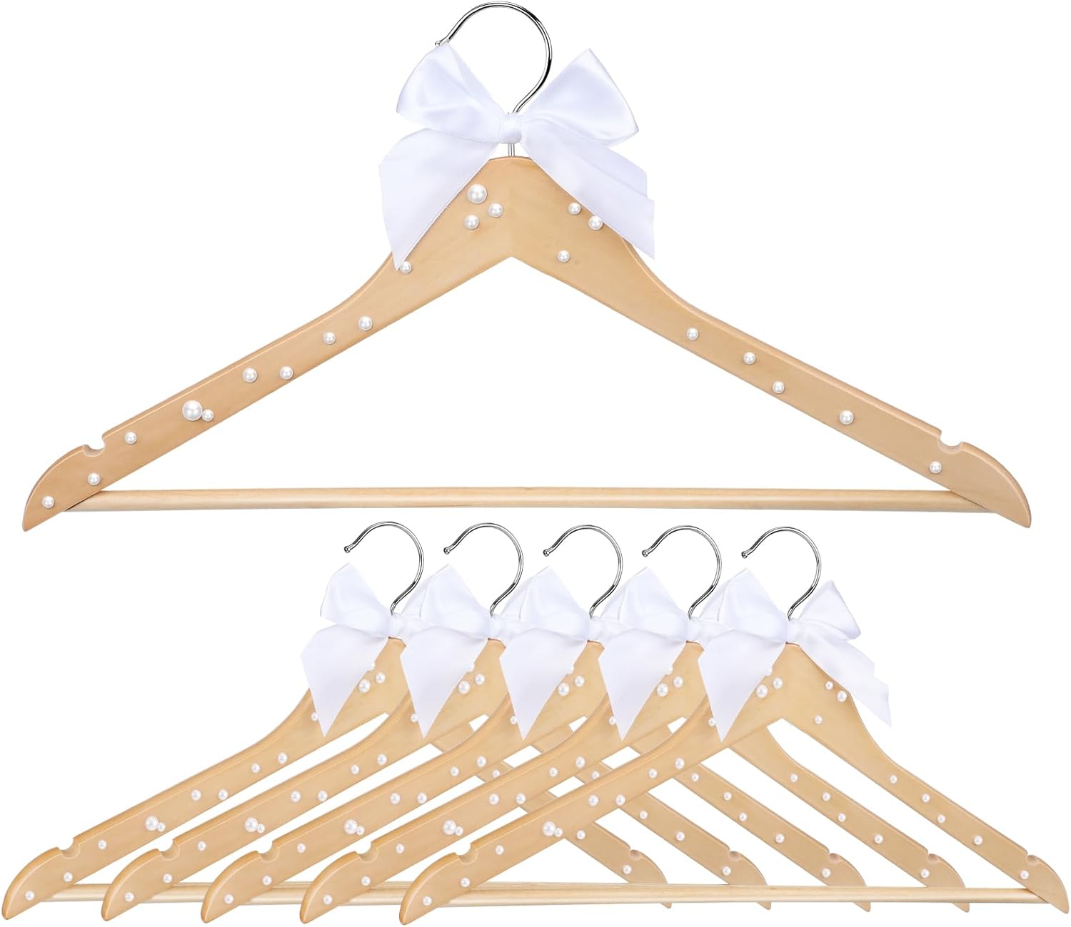 10 Pcs Bridesmaid Hangers for Wedding Bride Groom Ribbon Bow Pearl Hanger Wood Color Elegant Wooden Dress for Bridal Shower Tuxedo Photo Keepsake Party Gift(Pearl Bow,White)