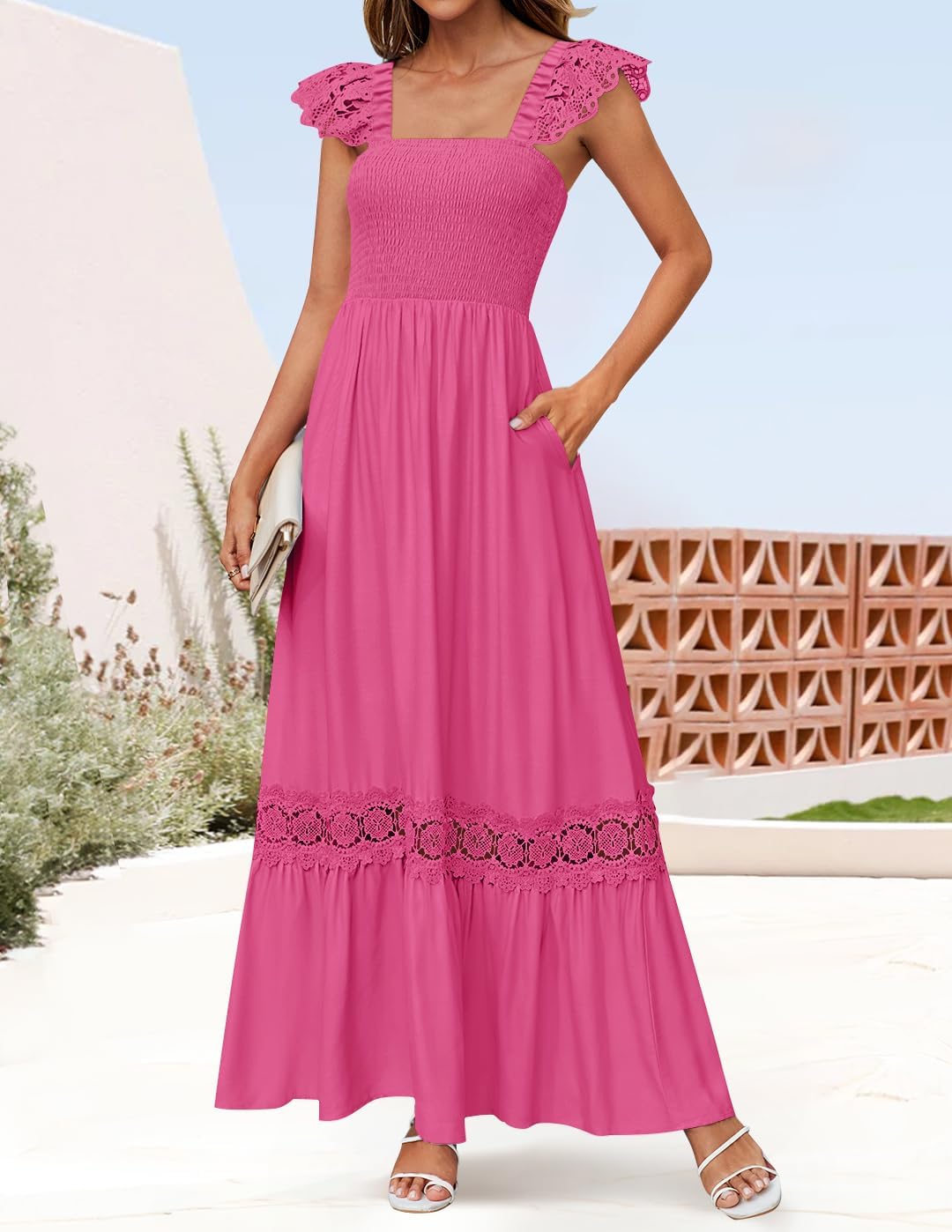 ZESICA Women's 2026 Summer Lace Strap Sleeveless Square Neck Smocked High Waist Ruffle Hollow Out Flowy A Line Maxi Dress - Image 2