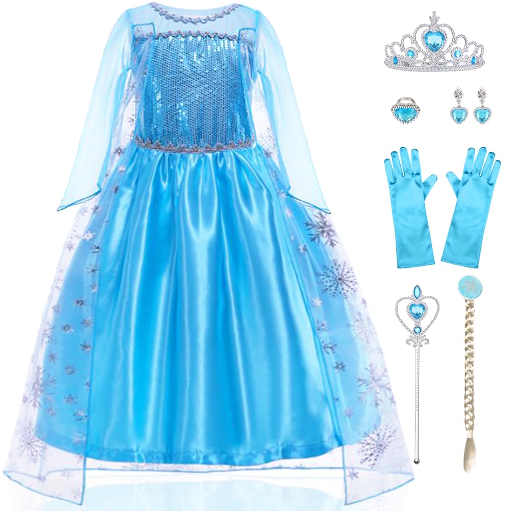 WOXVM Girls Princess Dress Deluxe Princess Costume Birthday Party Snow Princess Dress Up for Girls Halloween Cosplay Fancy Dress with Accessories