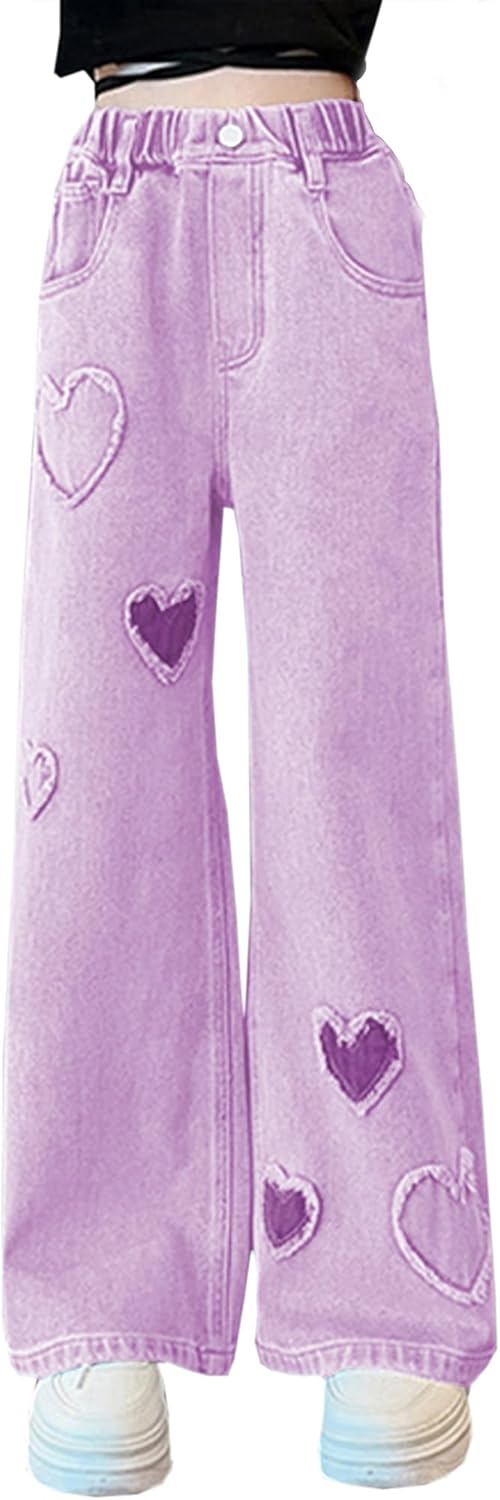 Joe Wenko Girls’ Wide Leg Jeans Elastic Waist Soft Denim Pants Baggy Loose Fit 4-14 Years