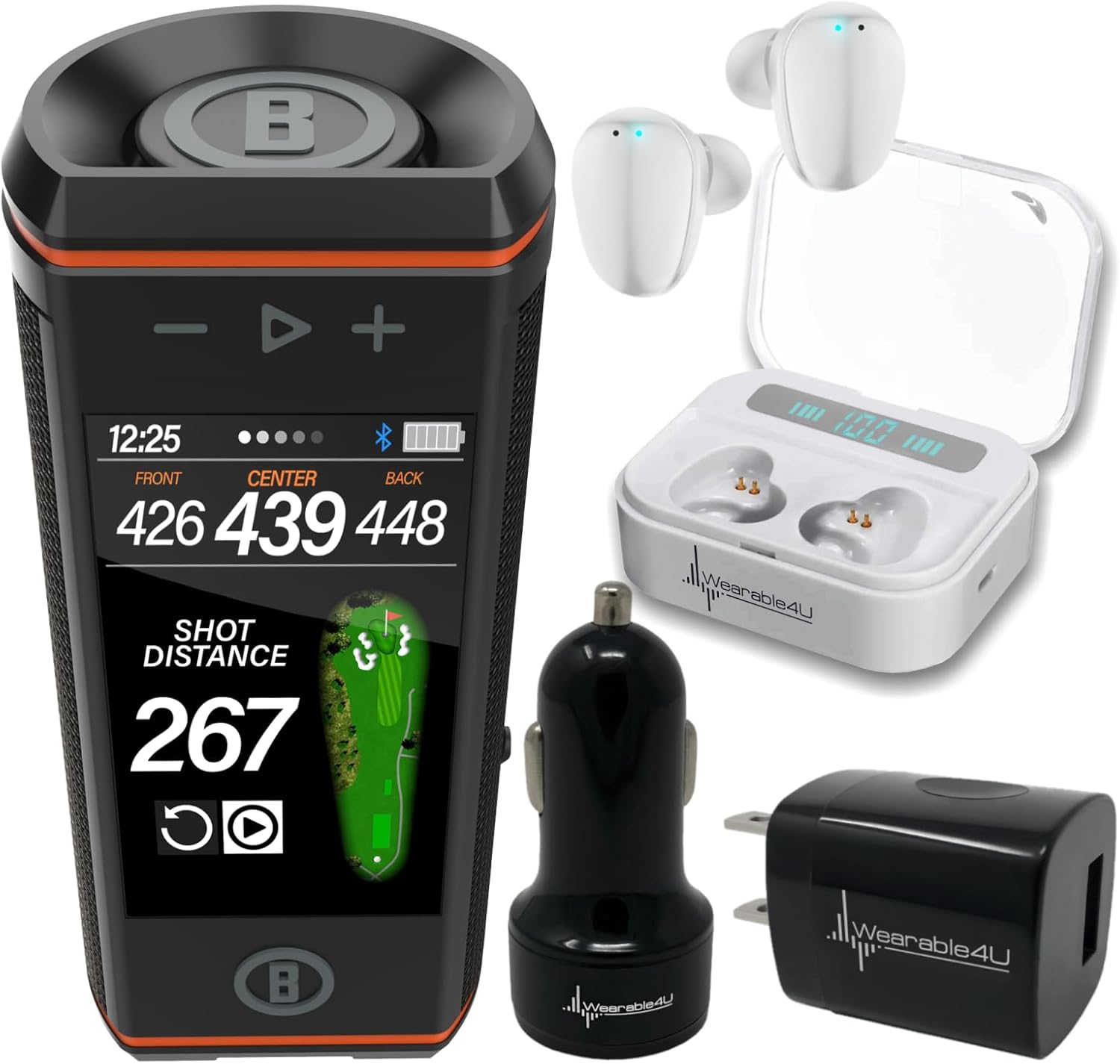Bushnell Wingman HD View Golf Speaker, 3.5" Touchscreen, GPS Distances, Premium 360° Audio, Waterproof Design, Magnetic Cart Mount with Wearable4U Black Earbuds & Car/Wall Chargers Bundle
