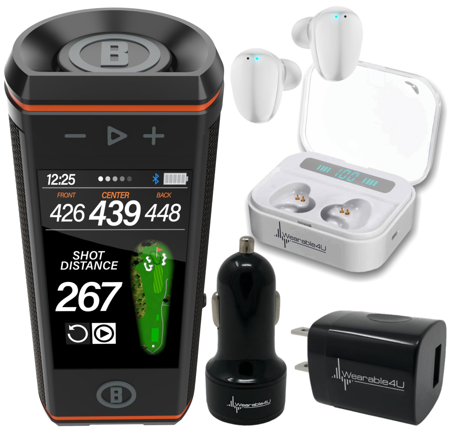 Bushnell Wingman HD View Golf Speaker, 3.5" Touchscreen, GPS Distances, Premium 360° Audio, Waterproof Design, Magnetic Cart Mount with Wearable4U White Earbuds &amp; Car/Wall Chargers Bundle