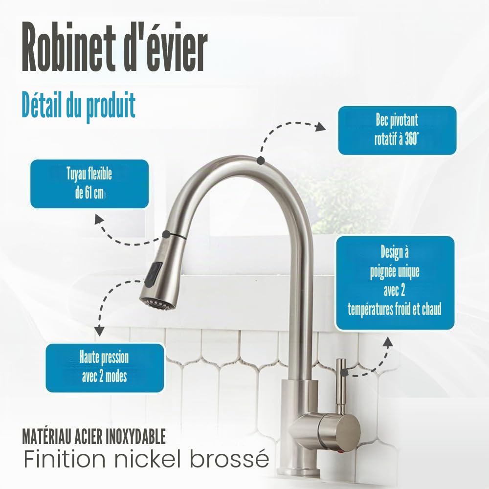 Mitigeur de cuisine extensible en acier inoxydable. 3 fonctions : 2 jets et pause. Robinet extractible pour évier.