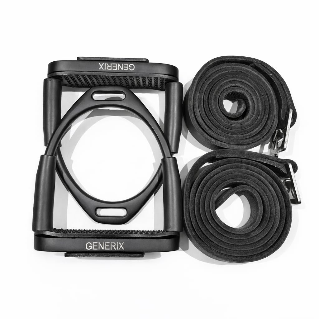 Horse Riding Stirrups 4.5" with leather belt set – Flexible Lightweight English Stirrups with Black Non-Slip Tread – Durable Equestrian Stirrup Irons for Jumping, Training & Everyday Riding