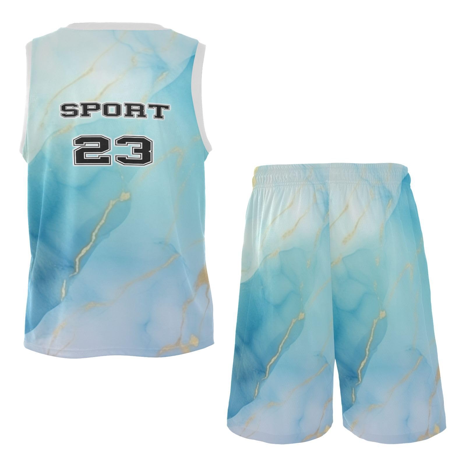 FLildon Abstract Marble Blue Boys Basketball Jersey Set Tank Top Shorts Tracksuit Sport Training Suit for Kids, M