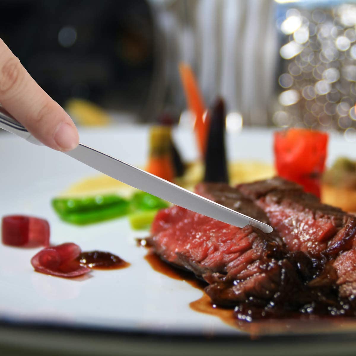 faderic Juego de 12 cuchillos de cena con mango hueco cuchillo de mesa cubiertos acero inoxidable pulido espejo 9 pulgadas plata