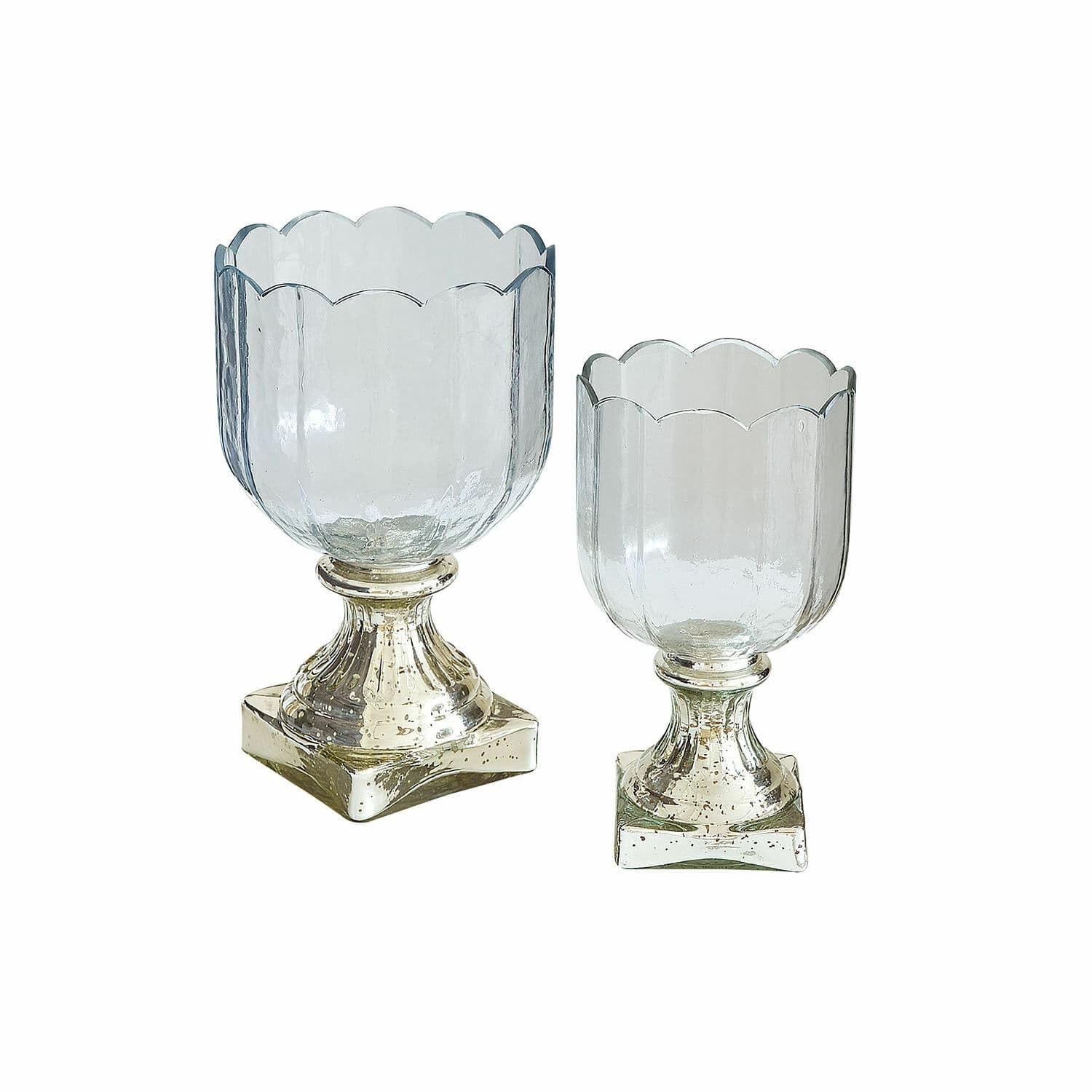 Loberon Windlicht 2er Set Jovique, klar/Silber | Zwei Größen, Blumige Form, mit Bauernsilber-Finish, Mundgeblasen, Dekoration, Kerzenhalter, Glas