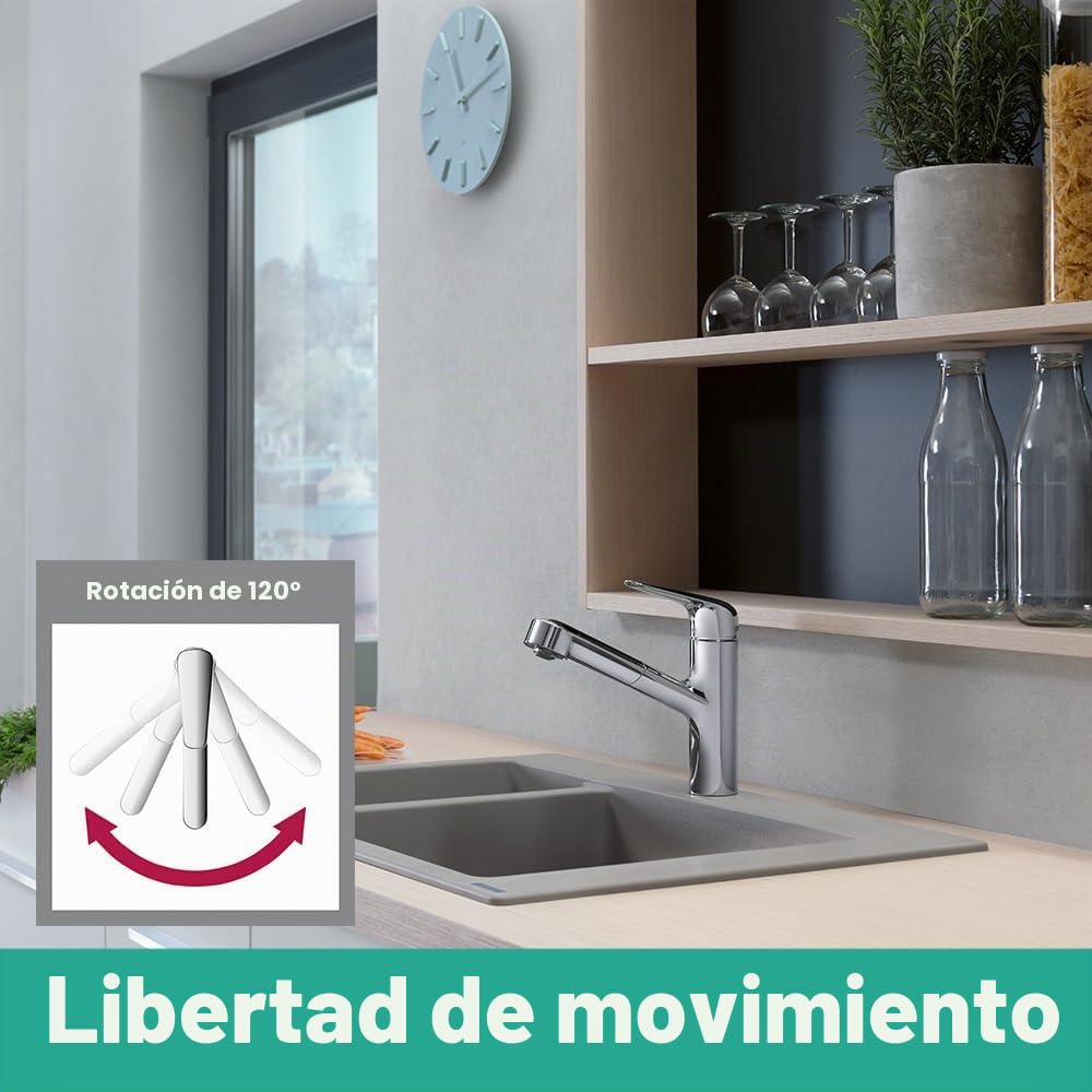 hansgrohe Focus M42 - grifo de cocina con ducha extraíble, 1 tipo de chorro, altura del caño 150 mm, grifo cocina fregadero con caño giratorio, cromo, 71814000