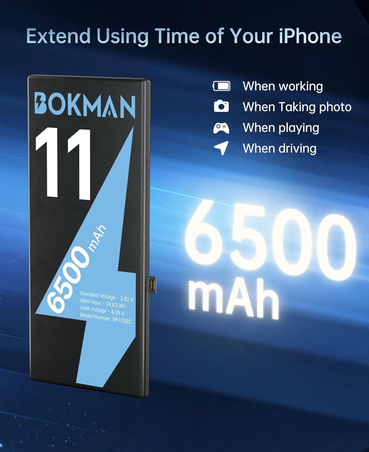 bokman Batteria per iPhone 11 6500mAh, Batteria Interna di Ricambio ad Alta Capacità con Kit di Riparazione, Strumenti e Strisce Adesive, Compatibile A2111 A2221 A2223