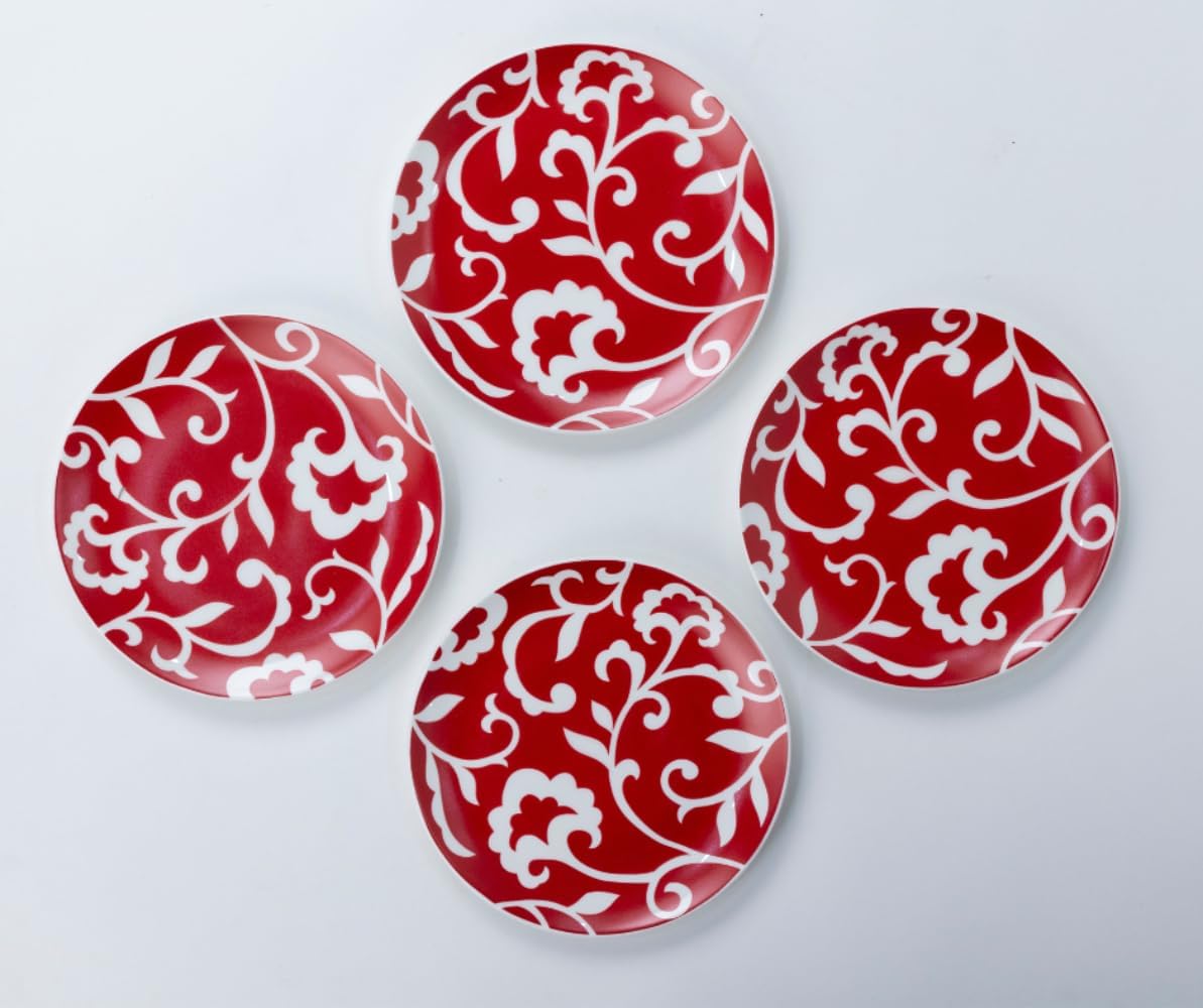 GOLDEN QUEEN'S Snack Plates Set of 4 | Perfect for Small Bites, Desserts, Appetizers, Salads, Tapas, Cheese Boards | 7 inches Wide | Microwave Safe - Red & White Floral