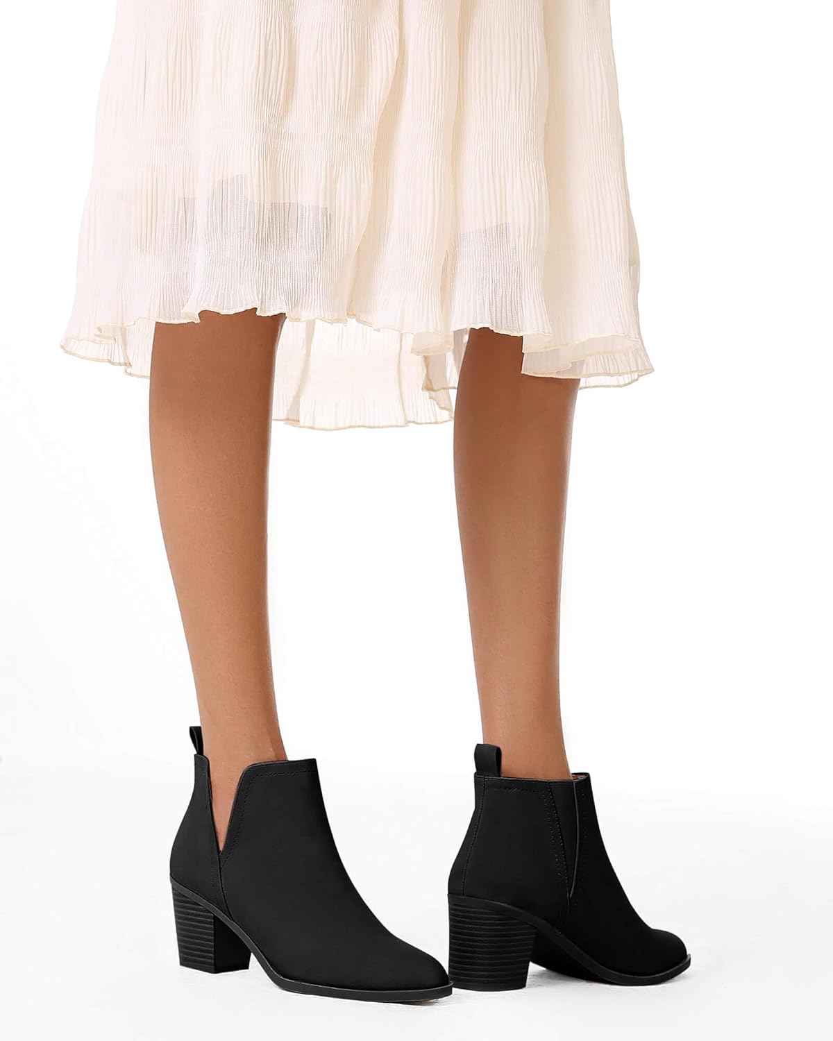 Coutgo Womens Cut Out Ankle Boots Chunky Stacked Heel Almond Toe Slip on Western Booties - Image 4