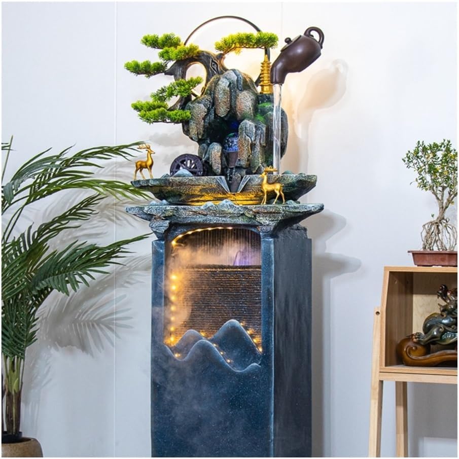 Waterfall Fountain， Floor Standing Fountain with Hanging Teapot and Simulated Pine Tree, Indoor Water Recirculation Decorative for Living Room