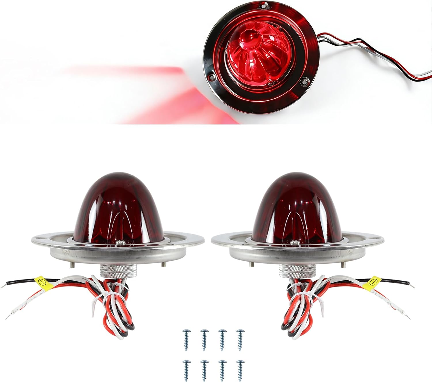 Glass Lens Watermelon Lights Kit, 2PCS Amber LED Side Marker Turn Tail Signal Lights with Stainless Steel Bezel and Base, for Peterbilt Freightliner Kenworth Trucks Trailers RVs (Amber)