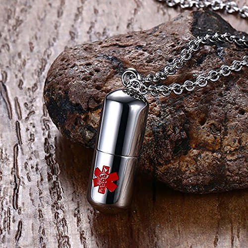 Flongo Fashion Pill Case Capsule Pendant Necklace Stainless Steel Mens Womens, 20 inch Chain, Cross Medicine Keepsake Pendant Necklace (Medical Alert Pill)3