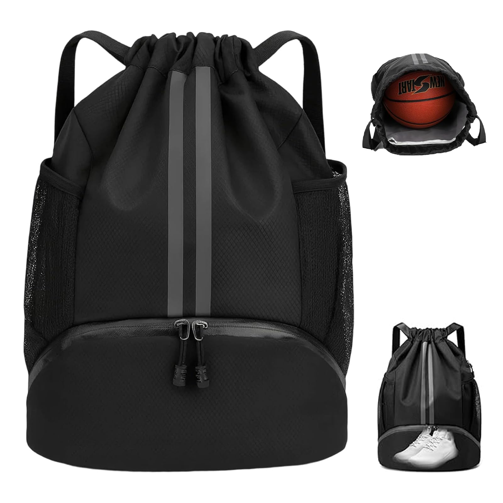 YgonziRuvc Football Bag, Swimming Bag, PE Kit Bag for School Sports, Drawstring Backpack, Drawstring Gym Bag with 25L Capacity, Black Sports Sack for Football and Swimming Gear