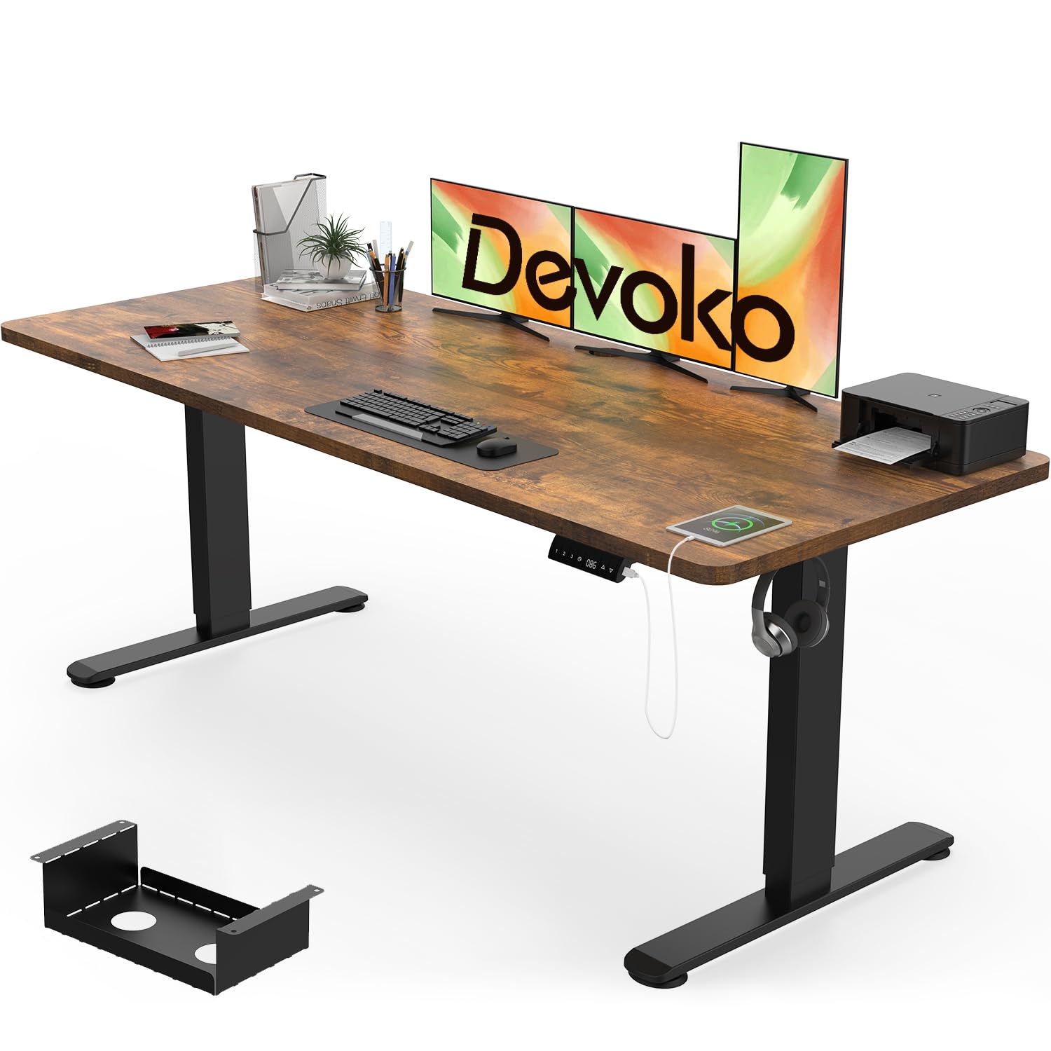 Devoko 180x80cm Electric Standing Desk with USB Charging Height Adjustable with 3 Memory Setting Adjustable with Time Reminder Sit Stand with Lock Setting,Rustic Brown