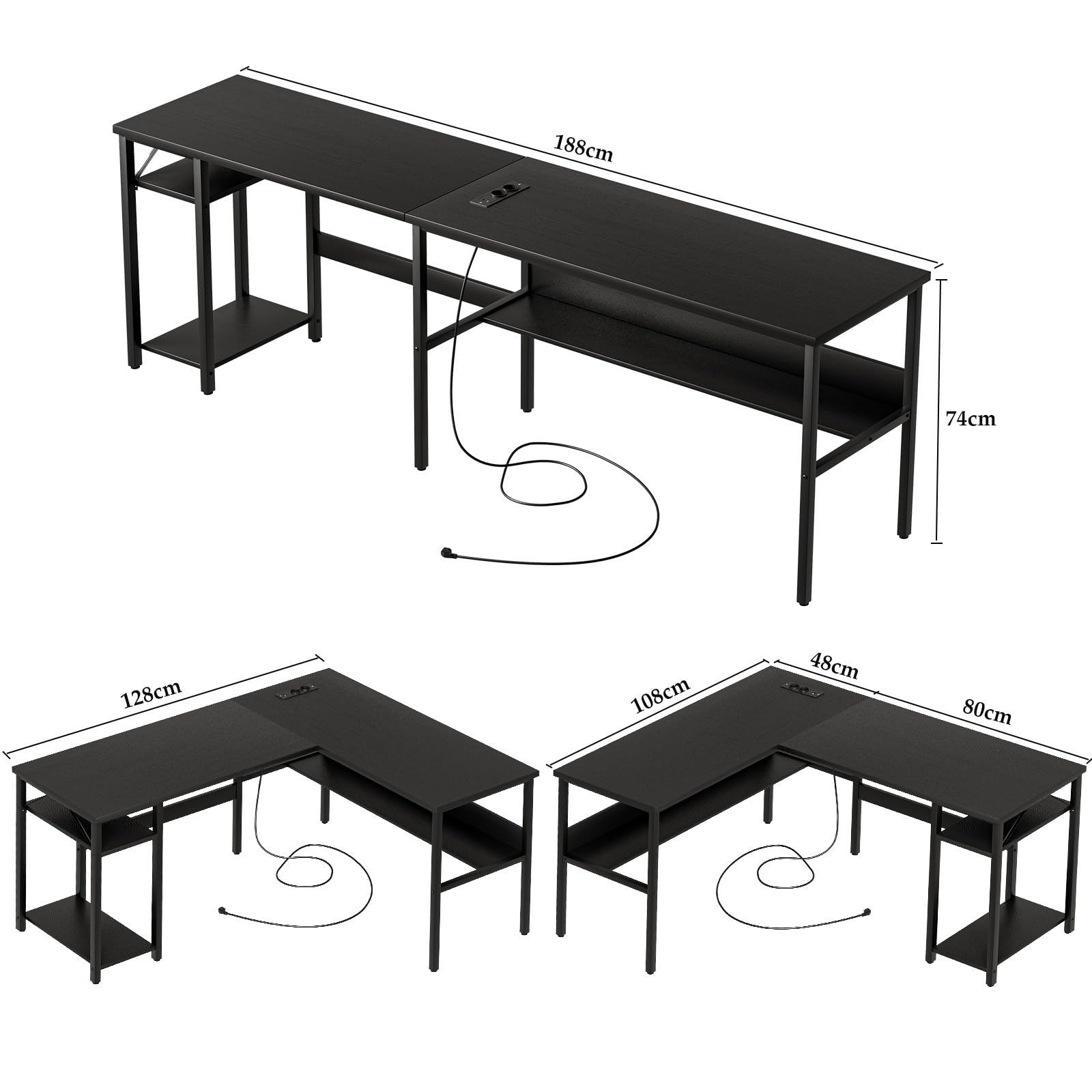 Homieasy Scrivania Angolare 128cm con Prese e USB, Nero | Design Reversibile, Supporto CPU e Ripiano, Salvaspazio per Casa e Ufficio, Metallo e MDF