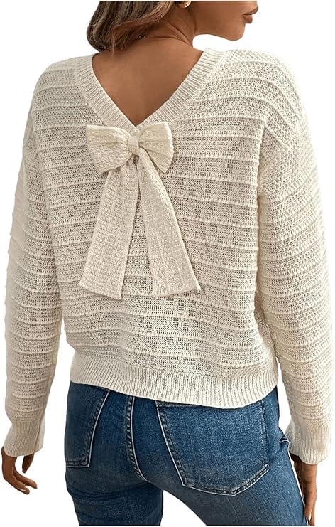 Women's Elegant V-Bow Round Neck Autumn Sweater Long Sleeved Off Shoulder Pullover