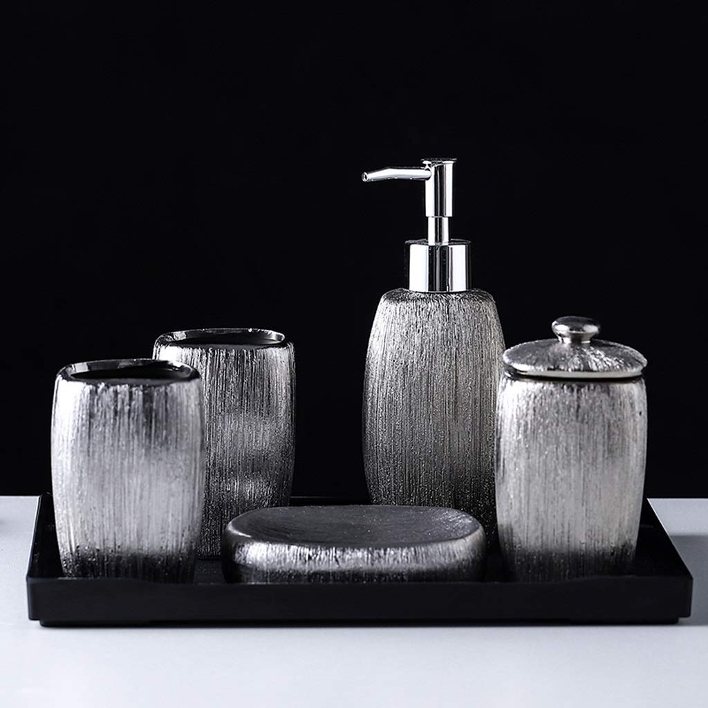 Flüssigseifen Spender 6-teiliges Bad Zubehör-Set Luxus Galvani Silber Keramik Seifenspender Set enthält: Lotionspender, Wattestäbchen Flasche, Tablett, Tumbler und Seifenschale Seifenspender Wandmonta Küche, Haushalt & Wohnen
